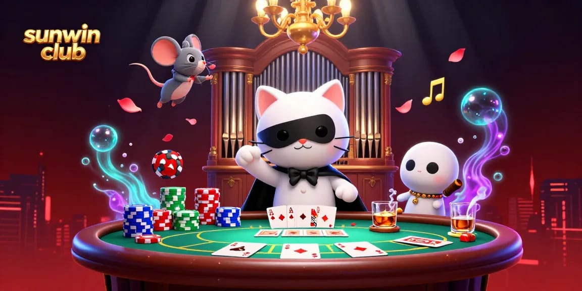 Experience the excitement of sunwin club with a dramatic casino scene featuring unique characters and vibrant game elements.