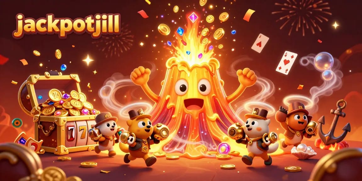 Experience jackpotjill's thrilling slots with a golden volcano erupting coins and treasure!