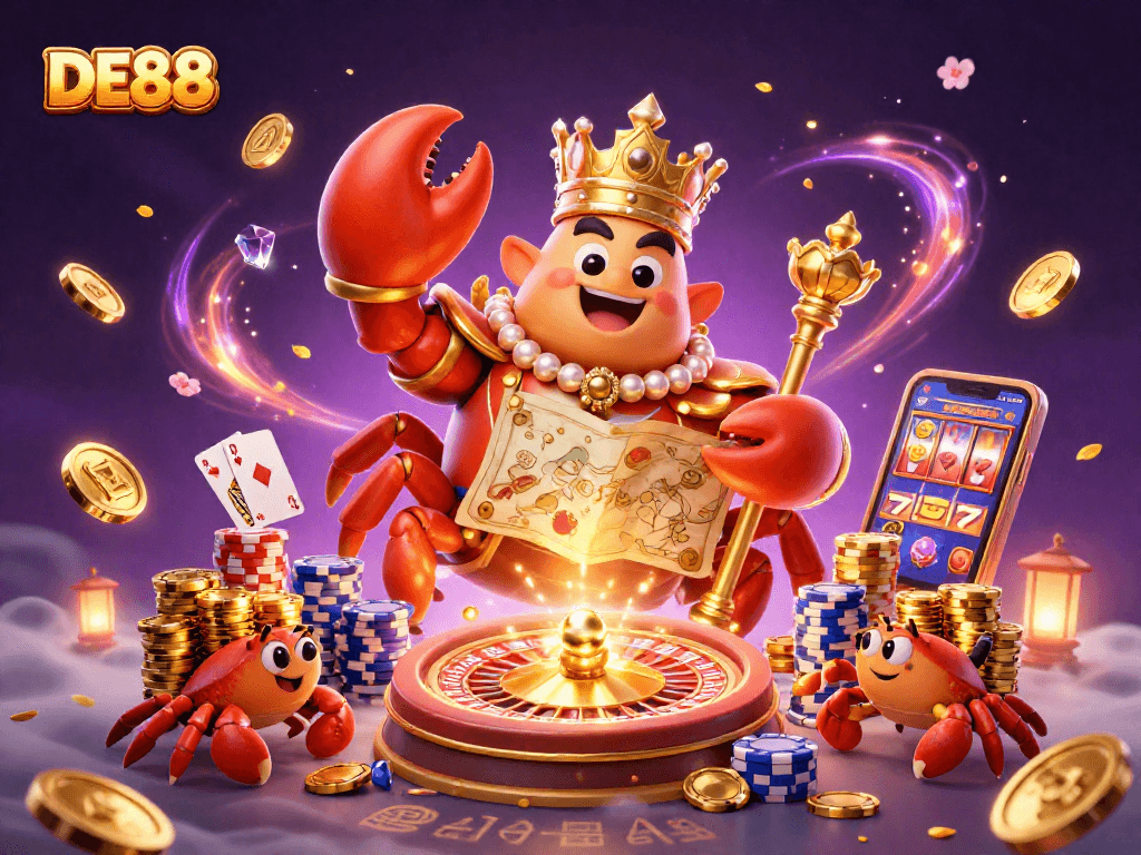 Experience the exhilarating DE88 casino adventure with golden crab emperor, coins, and vibrant gameplay.