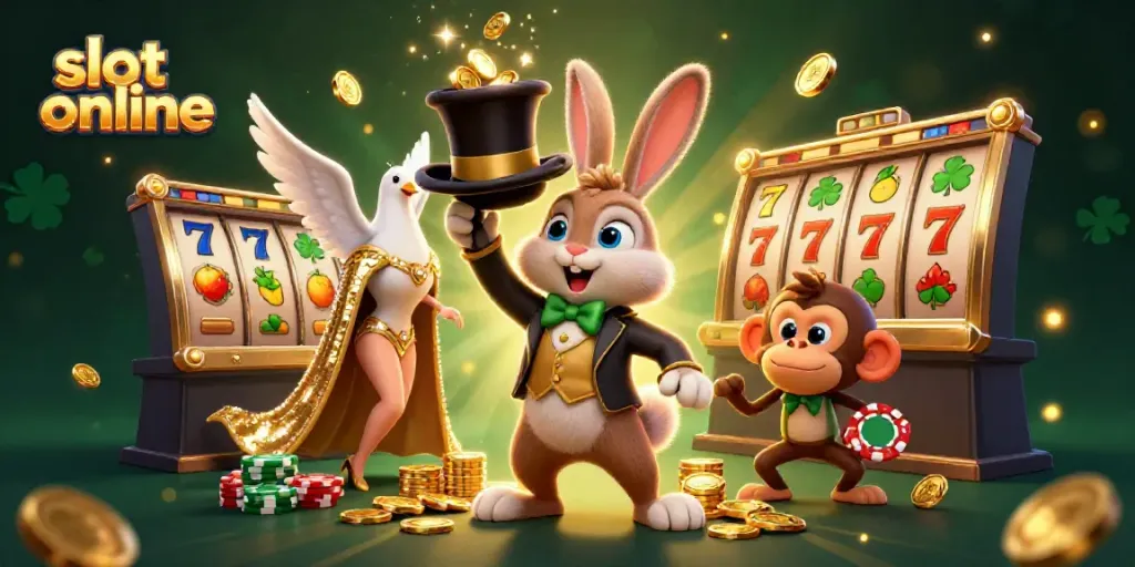 Spin and win with vibrant slot online action featuring a magician rabbit, dove, and monkey!