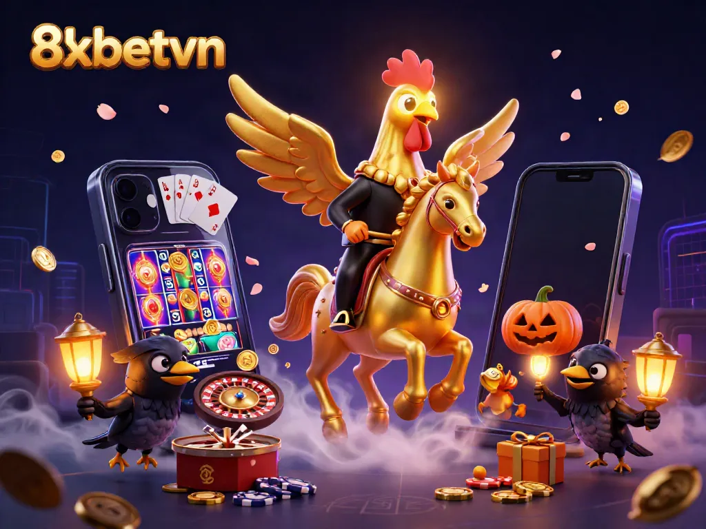 Immerse in 8xbetvn's vibrant gaming experience featuring a golden rooster in a mystical casino setup.