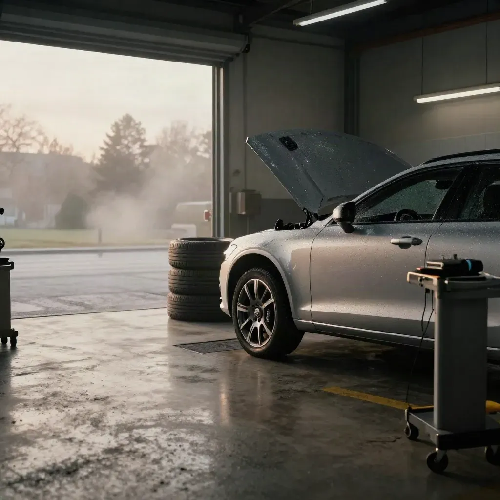 Silverfärgad Volvo estate i servicehall med öppet motorhuv, avmonterat hjul och våt asfalt i morgondimma.