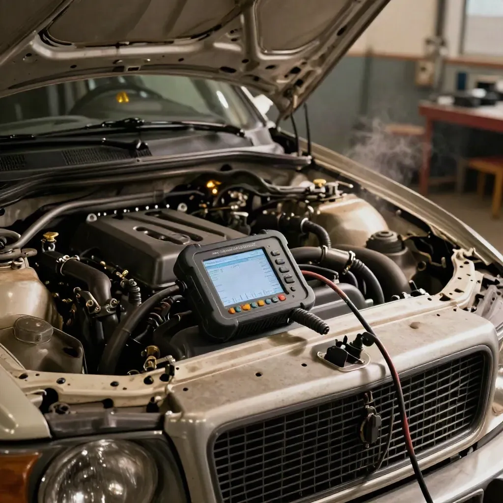 Motorrum med diagnosverktyg, kabel och varningssymbol i vindrutan.