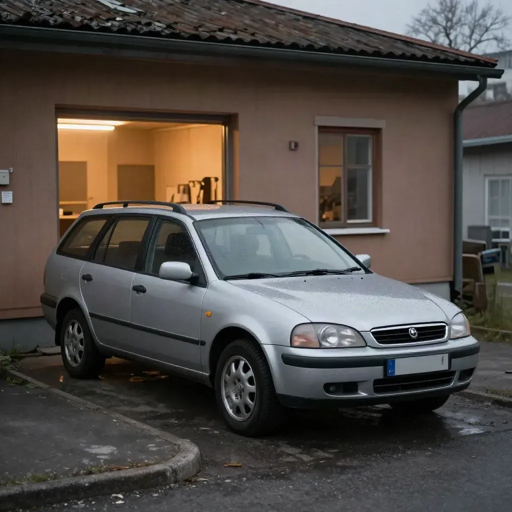 Silverfärgad kombi vid verkstad i gryning, nystädat vindruta och lätt dimma.