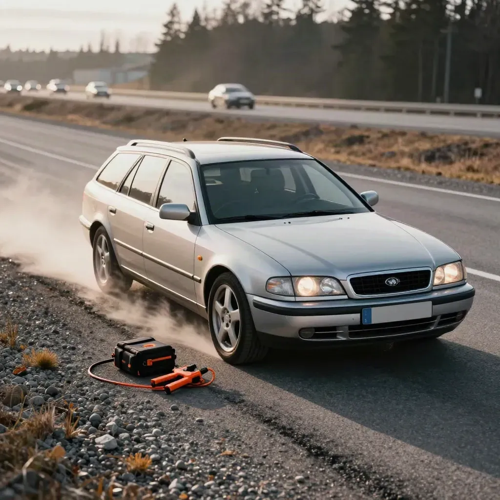 Bilen står redo på vägrenen efter batteristart, med starthjälp och strålkastarna tända.