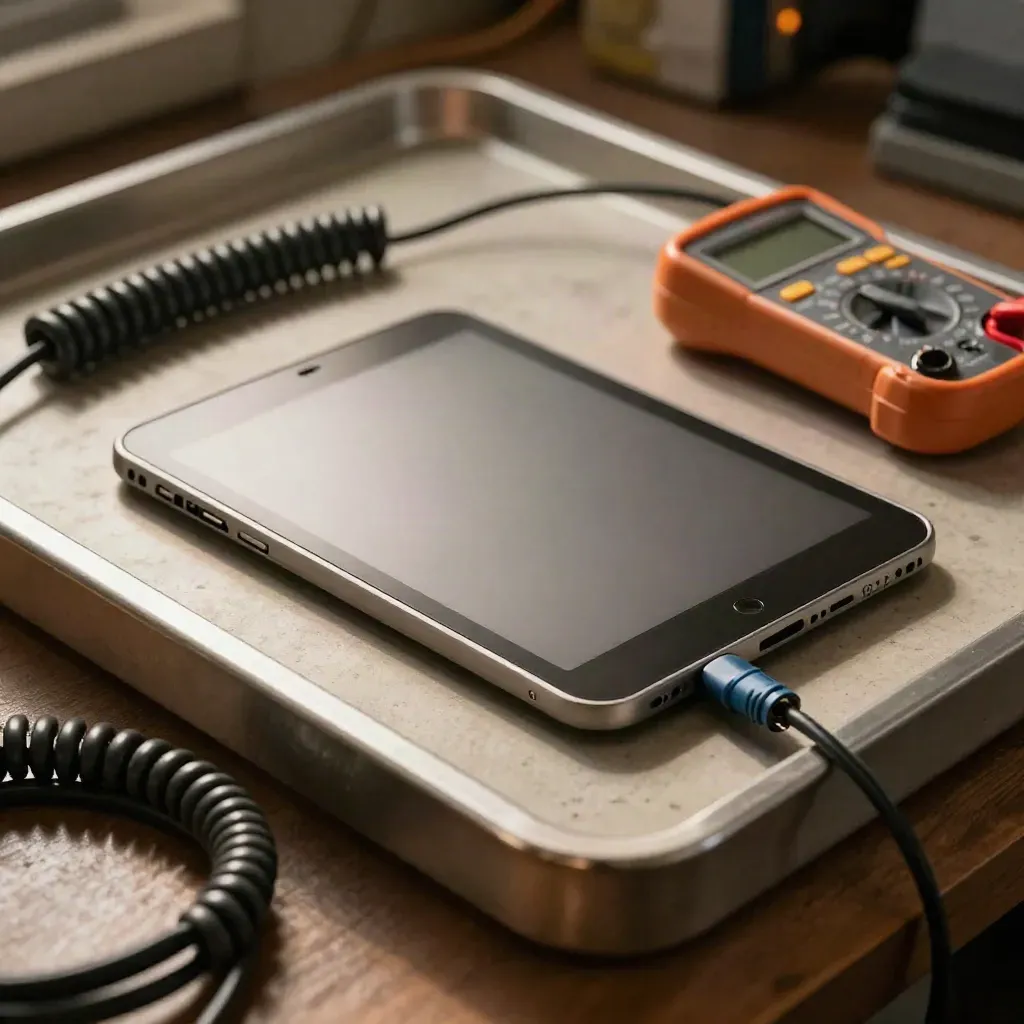 Diagnostikverktyg i närbild: OBD-kabel, multimeter och nedvänd surfplatta på verkstadsbänk.