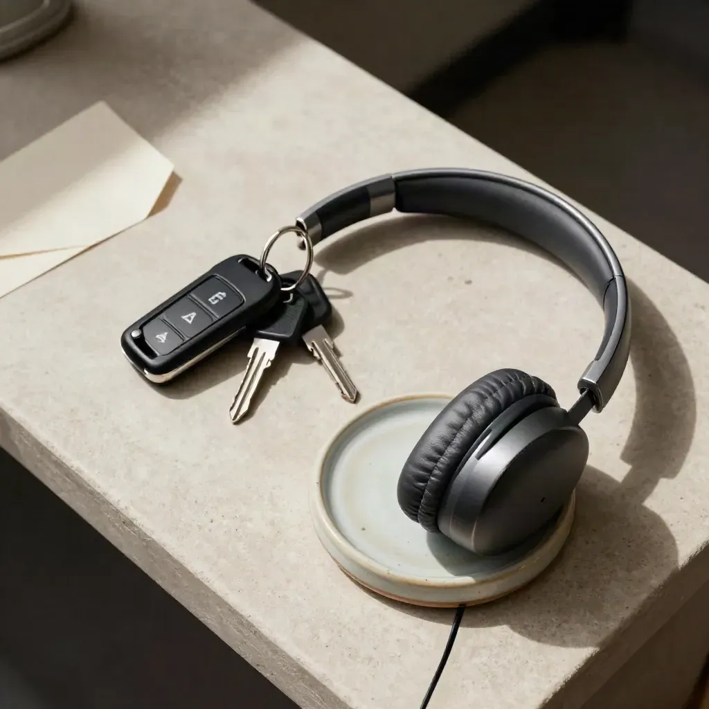 Uppifrån: bilnycklar, headset och laddningsdocka på ljus stenbänk.