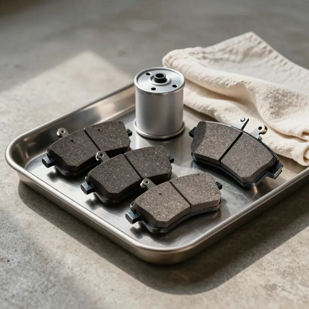 Bromsbelägg, oljefilter och batteripoler på en rostfri bricka med vikt neutral duk.