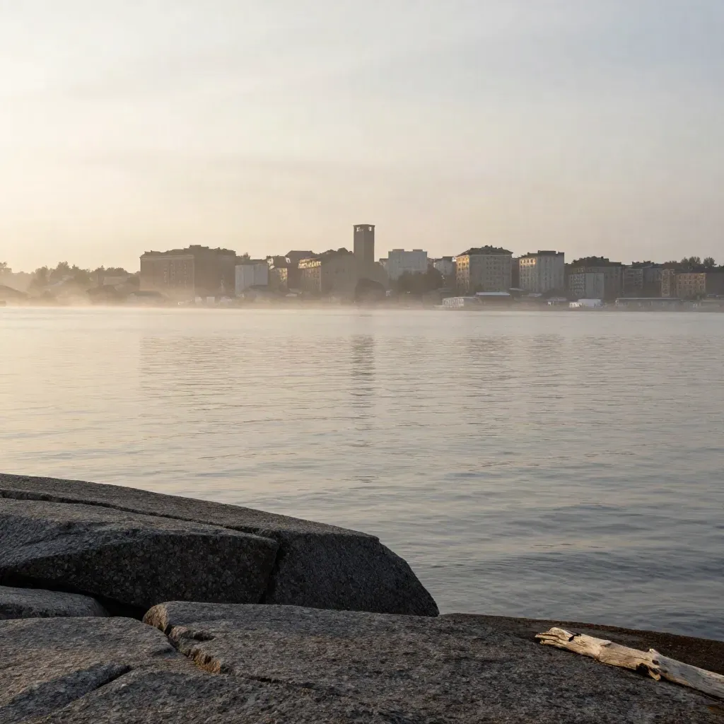 Stadssilhuett över Stockholms skärgårdsgranit och stilla vatten i morgondimma