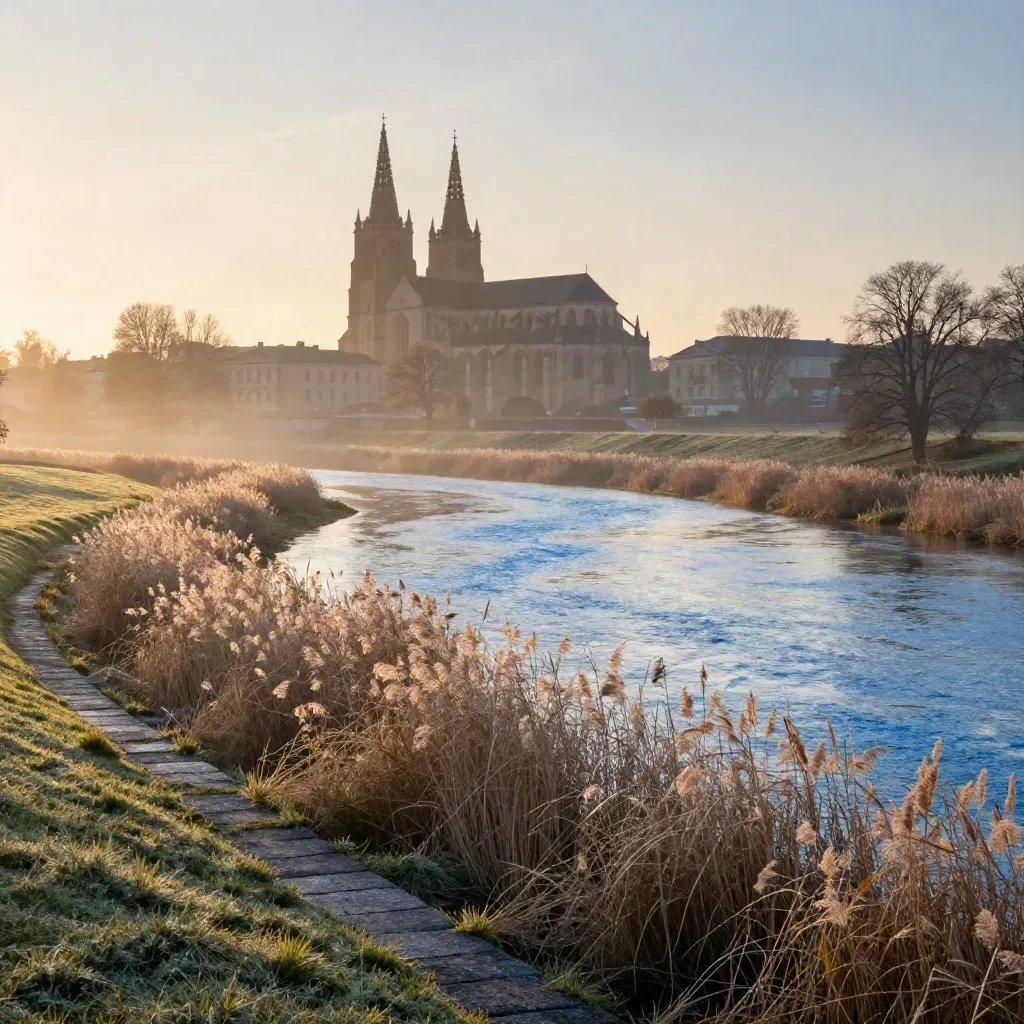 Uppsala domkyrka över Fyrisån i mjuk morgondimma vid gyllene timmen.