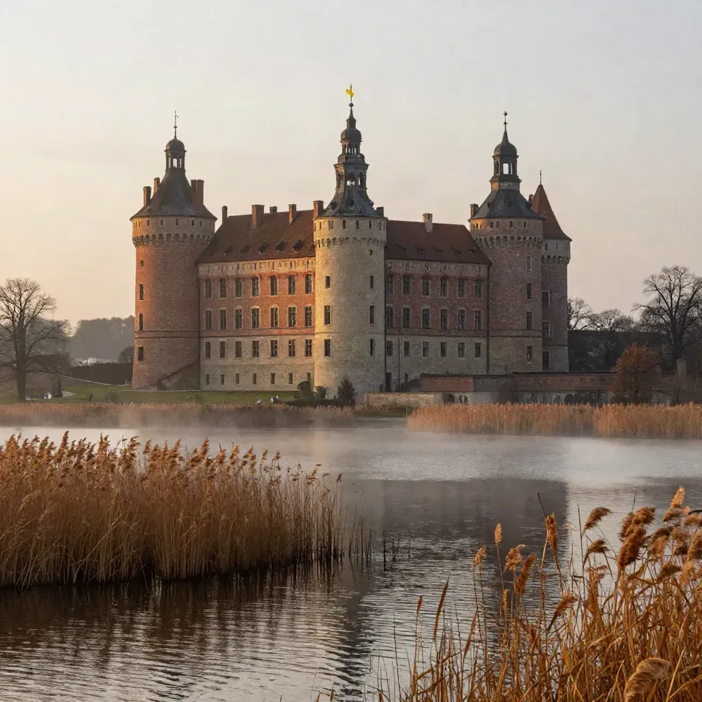 Gripsholm slott över Mälaren i varm höstdimma med vass och lugnt vatten