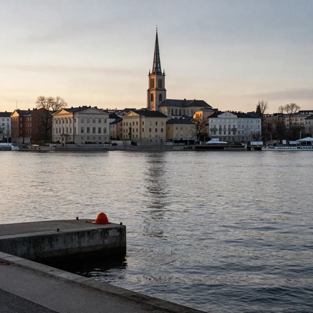 Västerås skyline med domkyrkotornet över lugnt Mälarvatten och disig strandlinje.