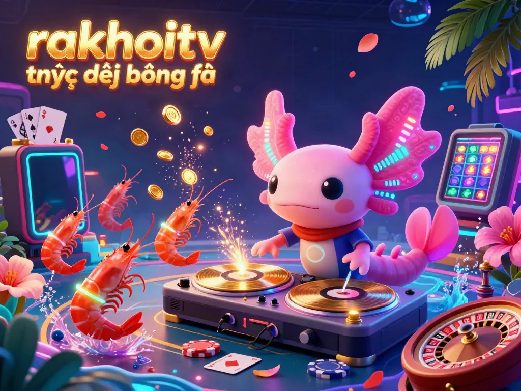Experience rakhoitv trực tiếp bóng đá in a vibrant 3D scene with a neon axolotl DJ and playful gambling elements.