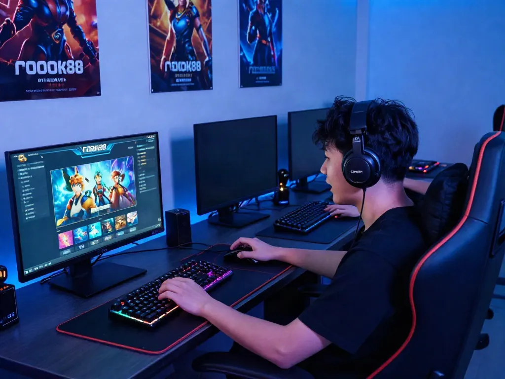 Engaged player enjoying rokok88 online gaming with colorful graphics and dynamic setup.