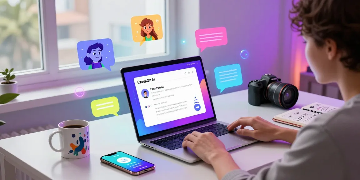 Engaging CrushOn AI workspace with animated chat interactions and modern tech setup.