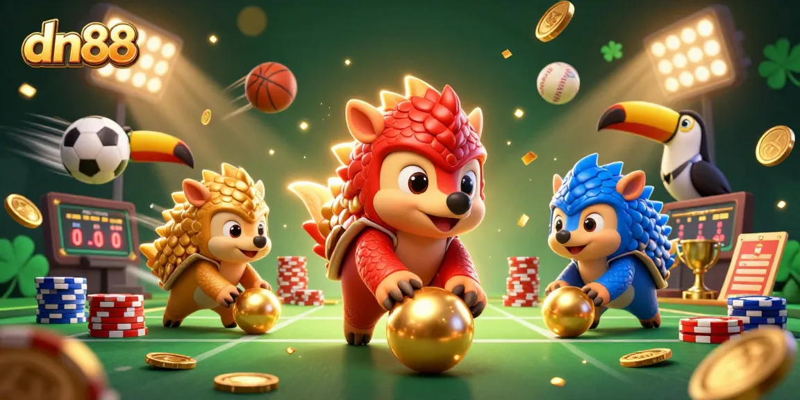 Engage in gaming with dn88 as rival pangolins roll through poker chips in a vibrant casino scene.